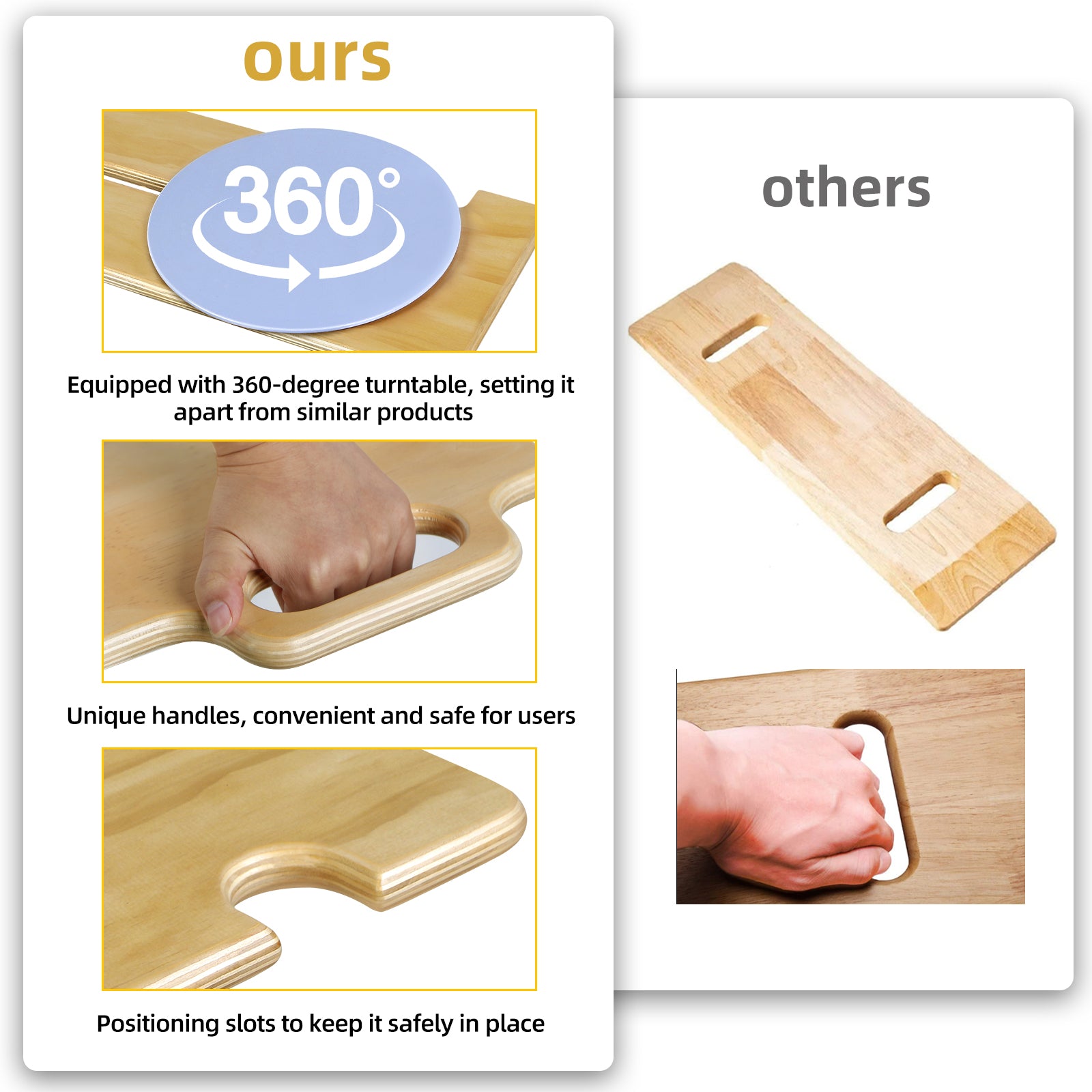 Comparison infographic showing the wooden transfer board's 360-degree rotating seat, integrated grab handle, and positioning notches beside a conventional straight transfer board.