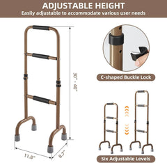 Adjustable height stand assist with C-shaped buckle lock feature, showing dimensions and adjustable levels.