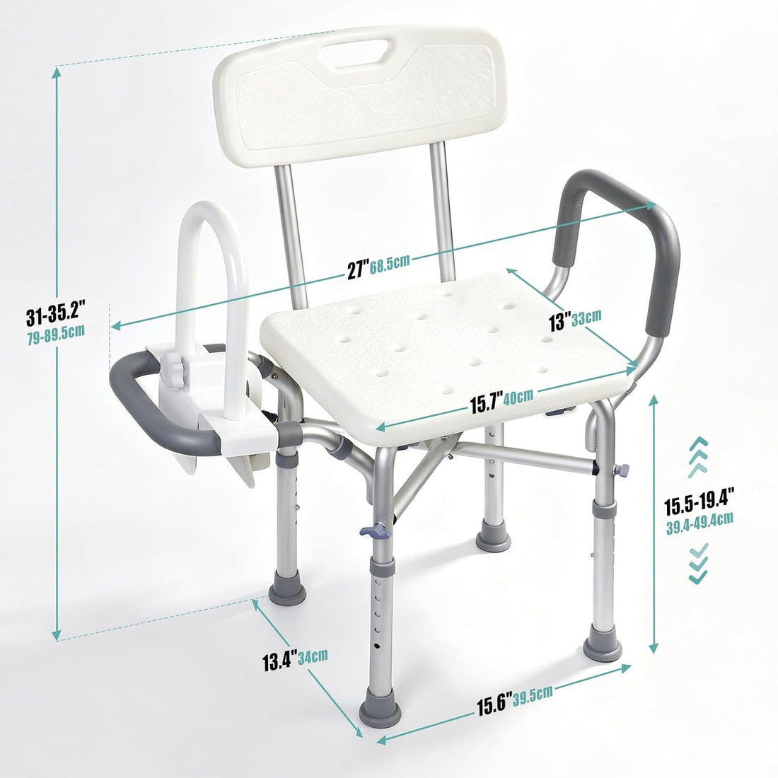 Shower chair with reversible armrests for safe transfers