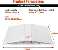 Product parameters for a metallic ramp with dimensions and material details.
