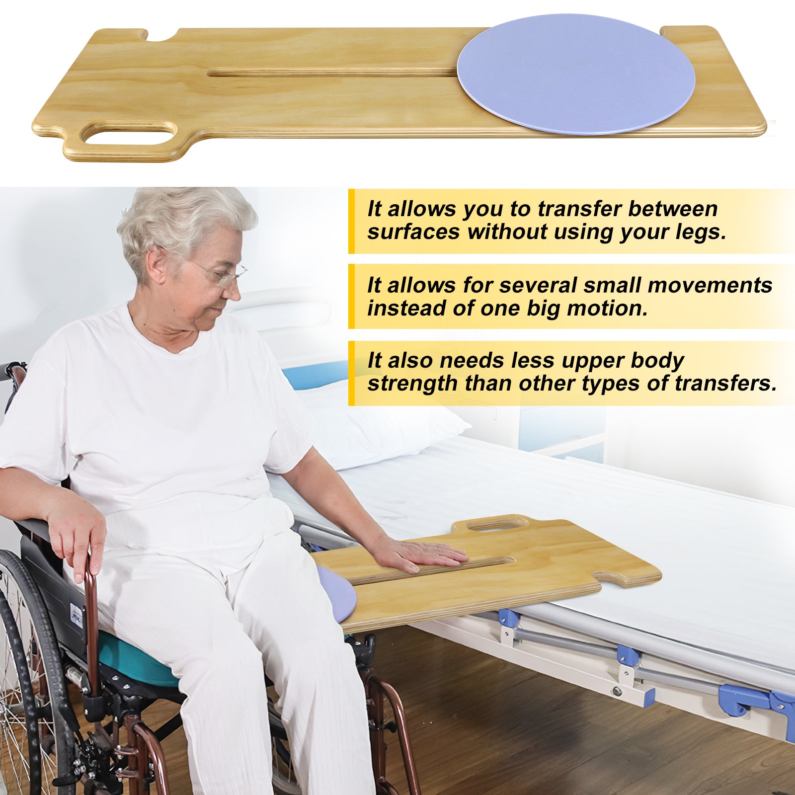 Older woman seated in a wheelchair beside a bed, with a wooden transfer board bridging the two surfaces and a blue rotating seat disc positioned near the wheelchair.