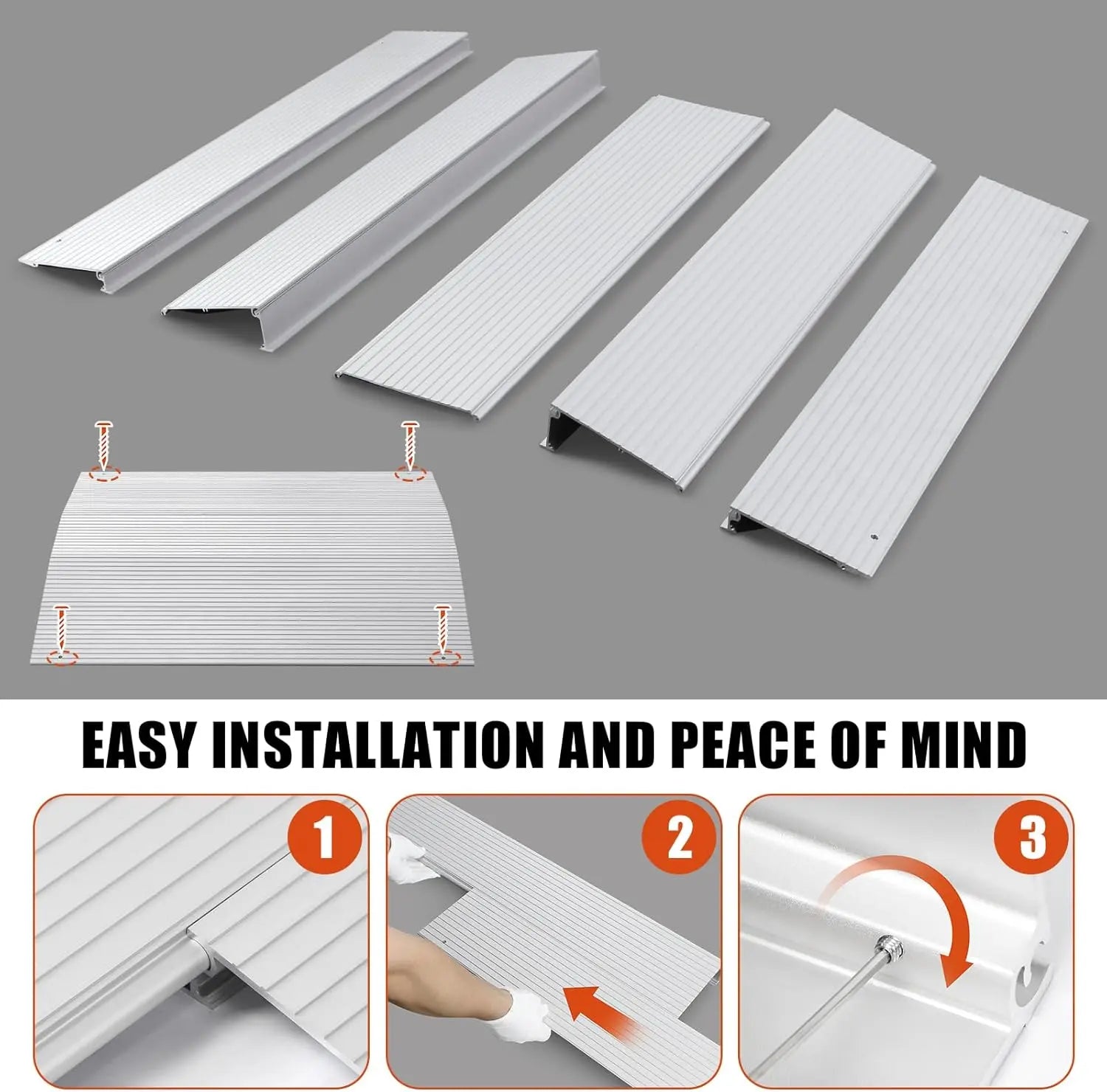 Metal ramp panels with installation instructions on a gray background