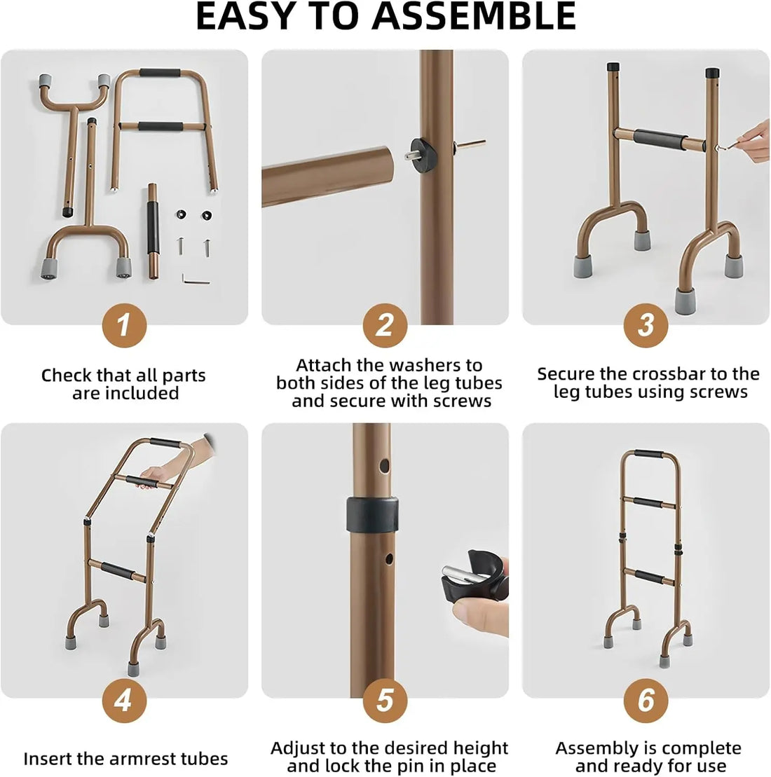Step-by-step assembly guide for a stand assist on a white background