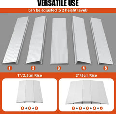 Adjustable height ramp panels with labeled rise levels on a gray background