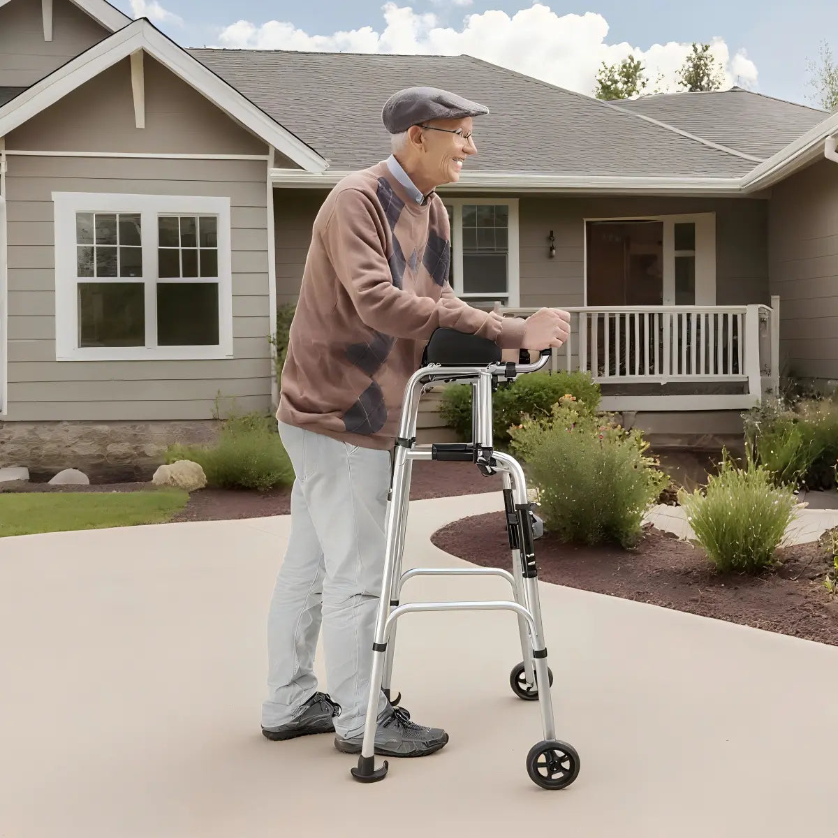 Man using a walker in front of a house