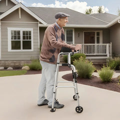 Man using a walker in front of a house