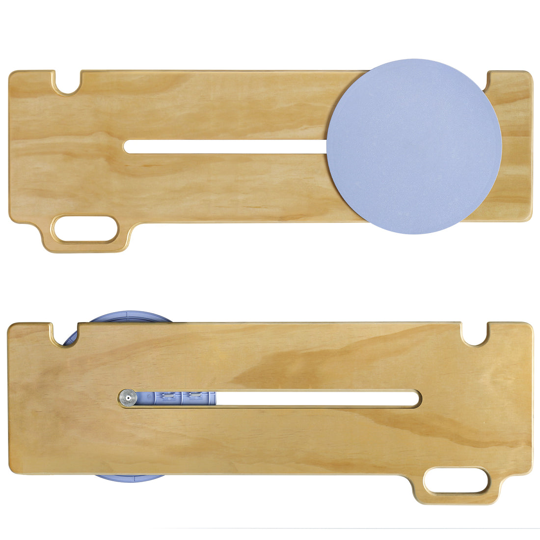 Top and underside views of the wooden patient transfer board, showing the blue rotating seat disc, central sliding slot, integrated handle, and underside sliding mechanism.