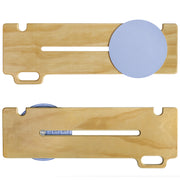 Top and underside views of the wooden patient transfer board, showing the blue rotating seat disc, central sliding slot, integrated handle, and underside sliding mechanism.