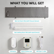 Complete bed exit and bedwetting alert kit with gray pressure sensor mat, silicone moisture strip, call device, alarm control unit, and USB Type-C cable.