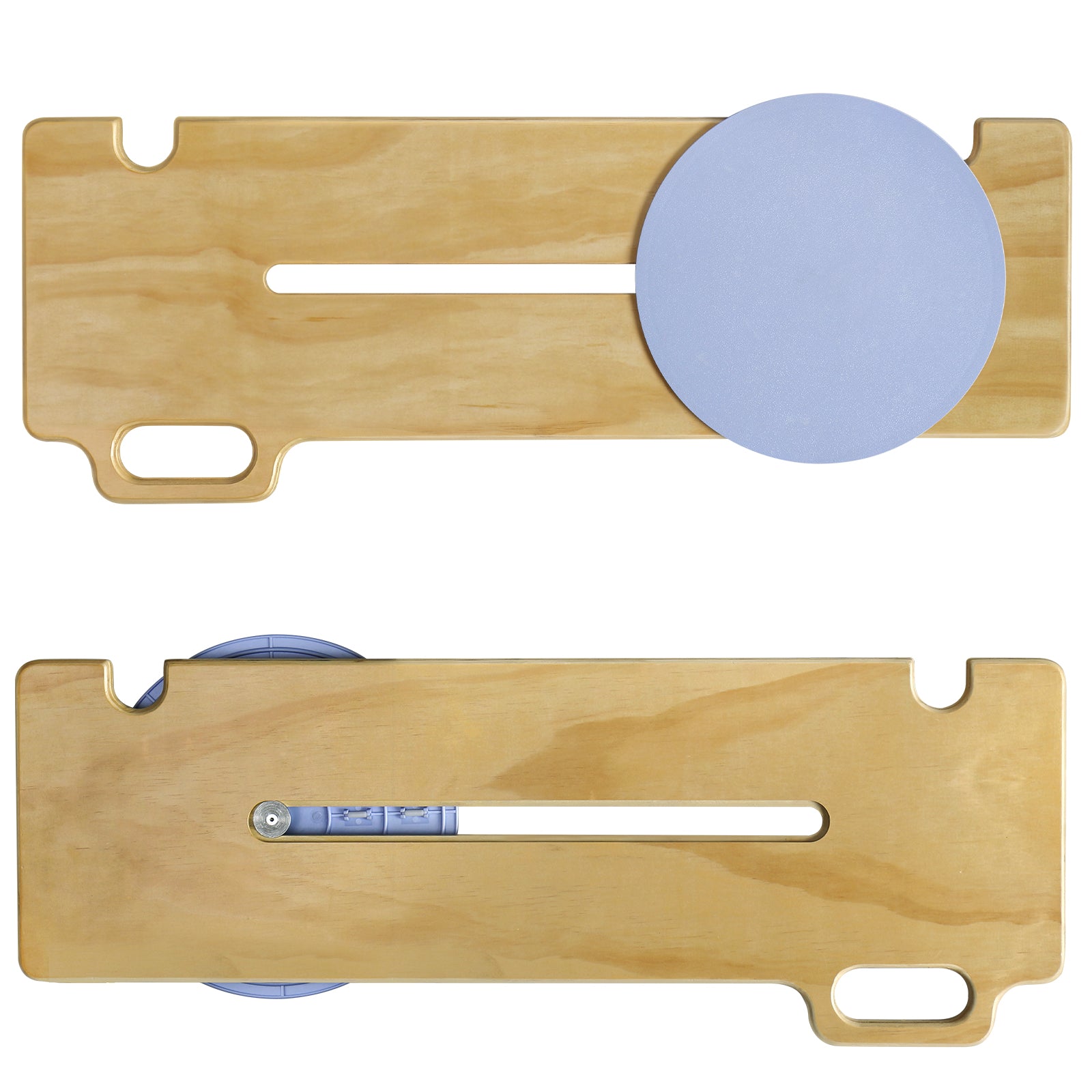 Top and underside views of the wooden patient transfer board, showing the blue rotating seat disc, central sliding slot, integrated handle, and underside sliding mechanism.
