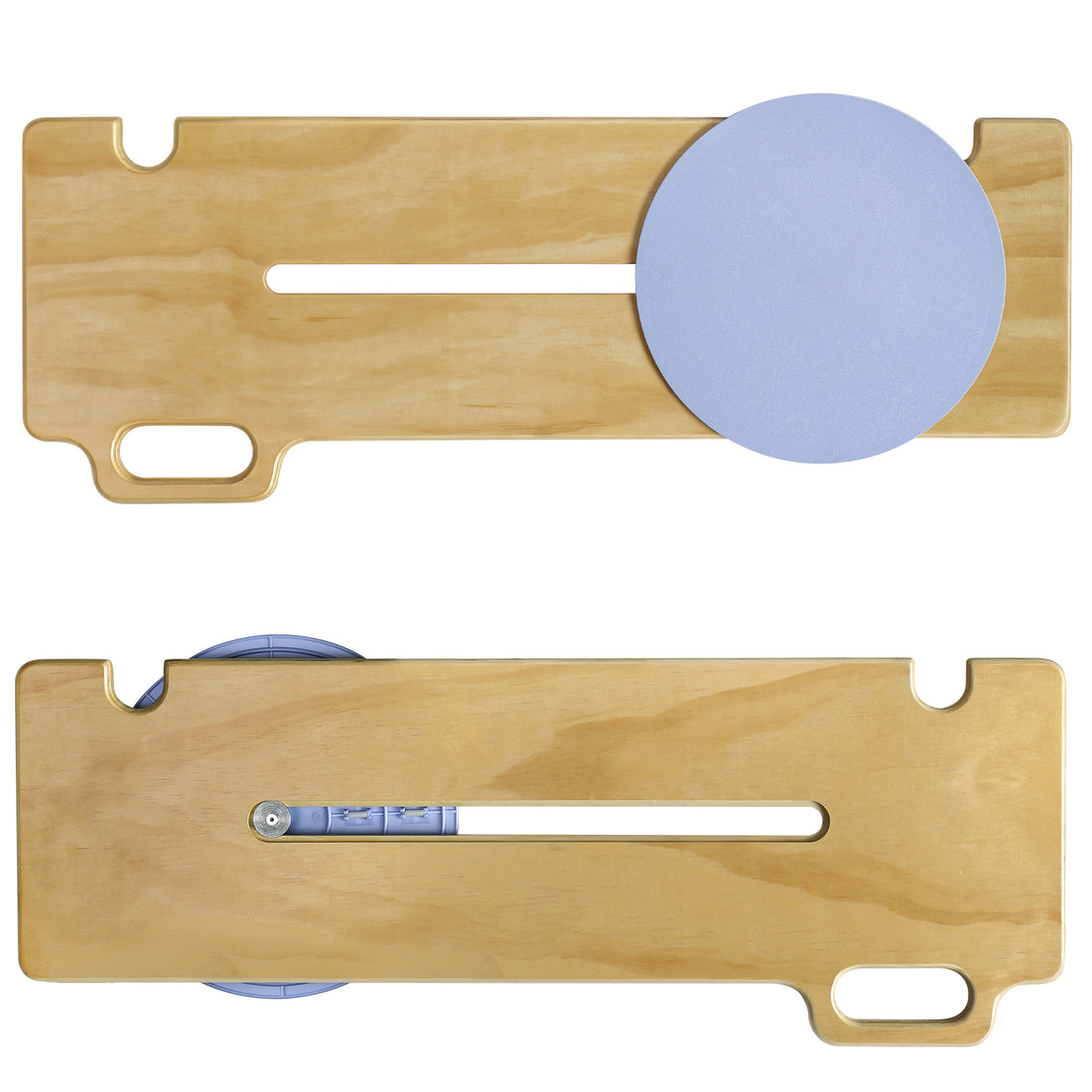 Top and underside views of the wooden patient transfer board, showing the blue rotating seat disc, central sliding slot, integrated handle, and underside sliding mechanism.