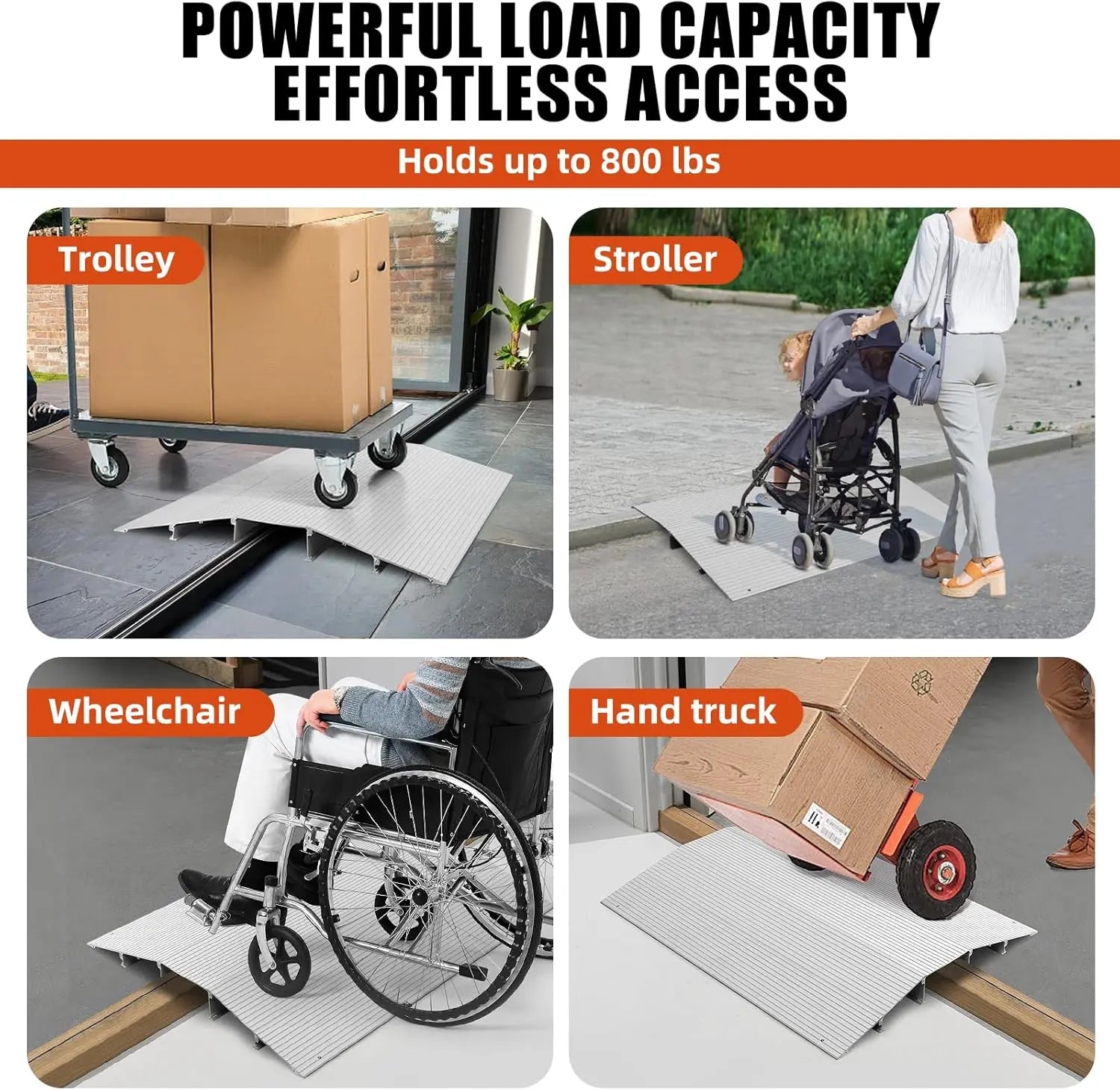 Product demonstrating its load capacity with trolley, stroller, wheelchair, and hand truck on a platform.
