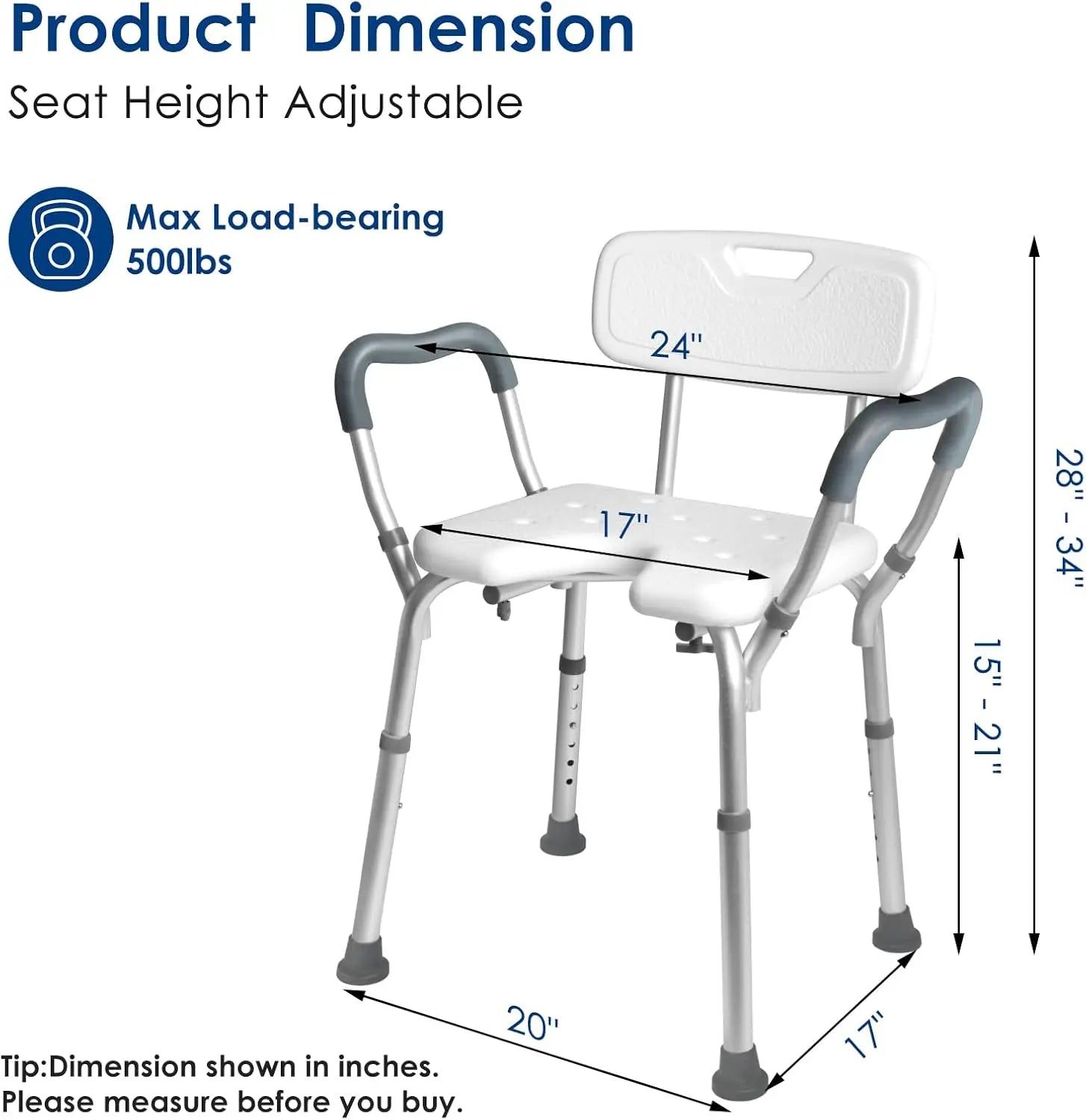 Extra Wide Shower Chair,M-Shaped & Padded Armrests Shower Chair Bath Seat,Shower Chair with Arms and Back Heavy Duty 500lbs,Bariatric Shower Chair with Cutout Seat &Cold-Proof Pads,Tools-Free