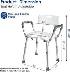 Extra Wide Shower Chair,M-Shaped & Padded Armrests Shower Chair Bath Seat,Shower Chair with Arms and Back Heavy Duty 500lbs,Bariatric Shower Chair with Cutout Seat &Cold-Proof Pads,Tools-Free