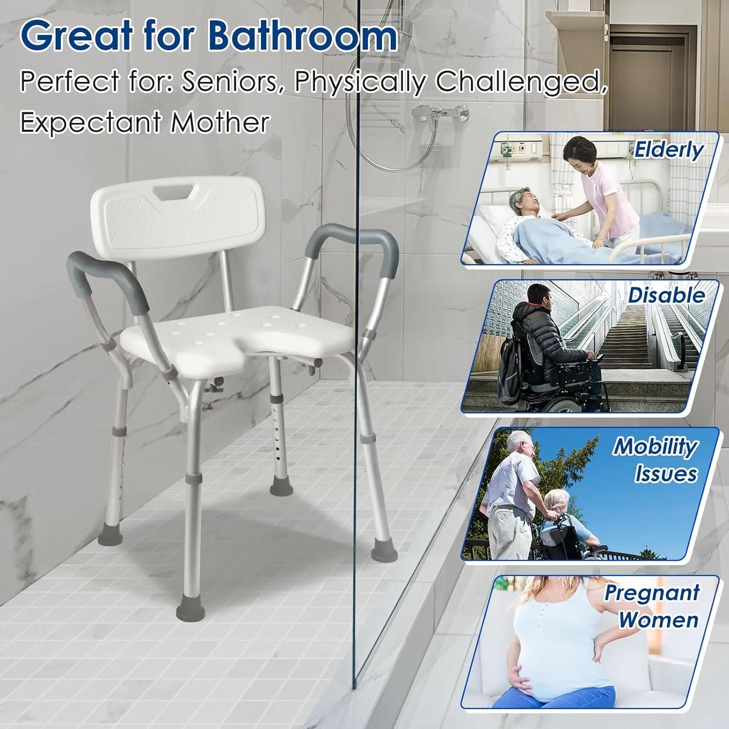 Extra Wide Shower Chair,M-Shaped & Padded Armrests Shower Chair Bath Seat,Shower Chair with Arms and Back Heavy Duty 500lbs,Bariatric Shower Chair with Cutout Seat &Cold-Proof Pads,Tools-Free