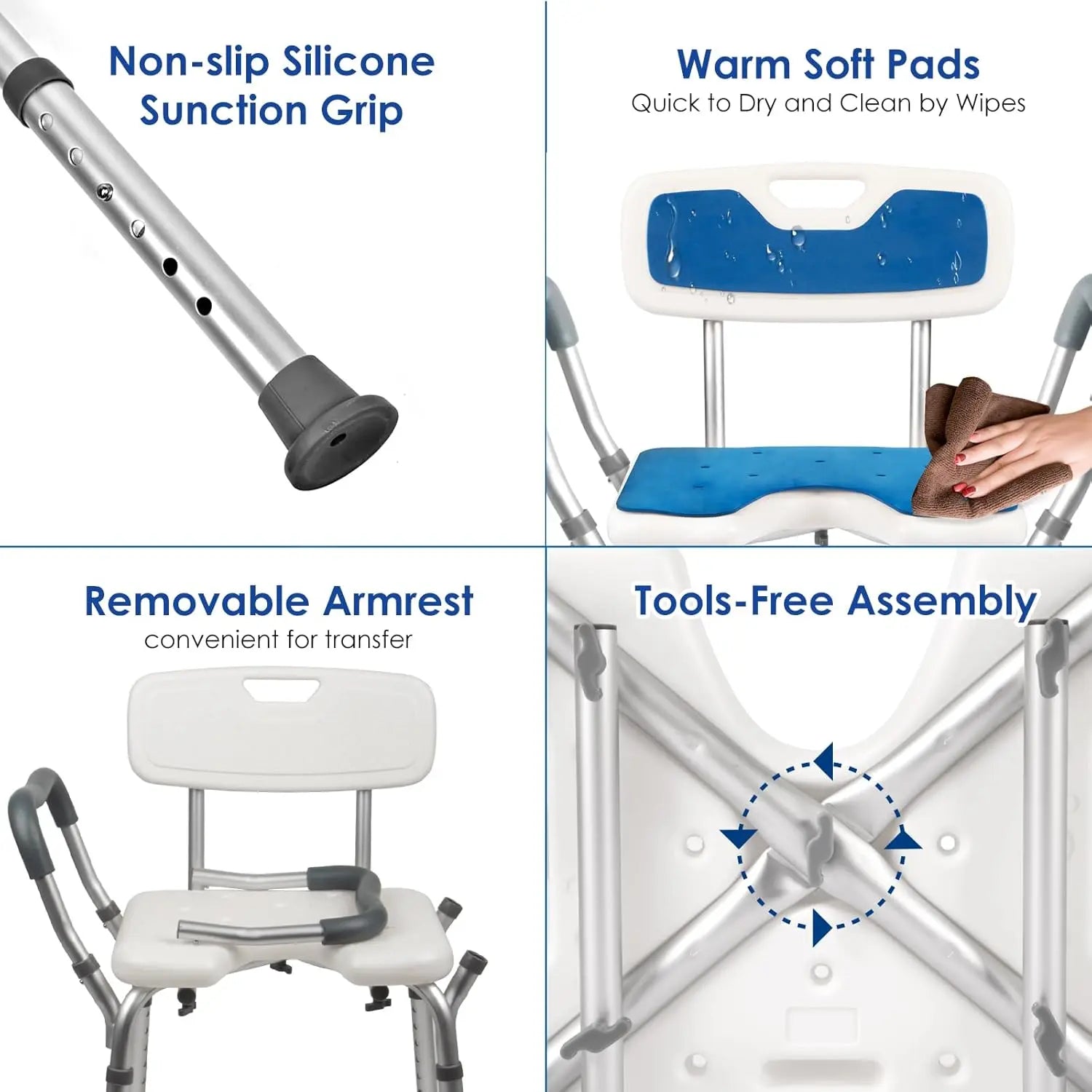 Extra Wide Shower Chair,M-Shaped & Padded Armrests Shower Chair Bath Seat,Shower Chair with Arms and Back Heavy Duty 500lbs,Bariatric Shower Chair with Cutout Seat &Cold-Proof Pads,Tools-Free