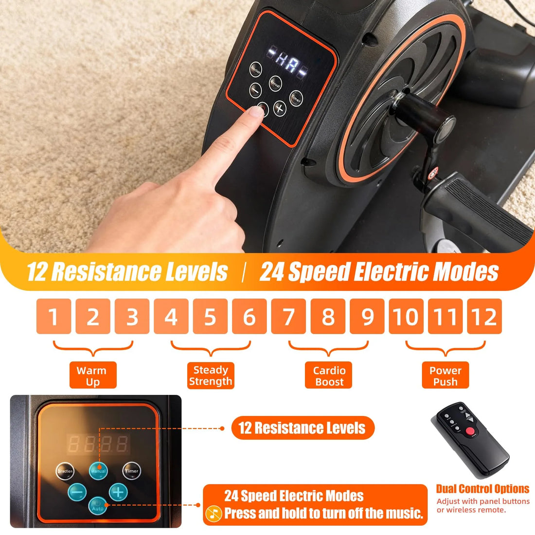 Control panel and wireless remote for the motorized pedal exerciser, showing 12 resistance levels, 24 motorized speed levels, and dual control options.