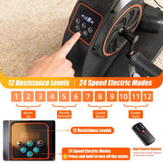 Control panel and wireless remote for the motorized pedal exerciser, showing 12 resistance levels, 24 motorized speed levels, and dual control options.