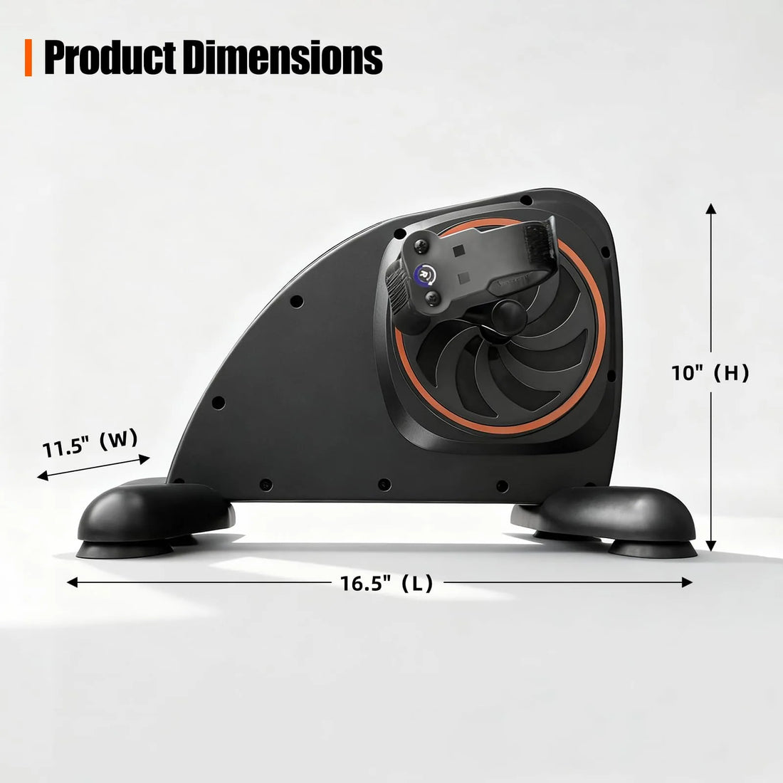 Dimension diagram of the motorized arm and leg pedal exerciser showing a 16.5-inch length, 11.5-inch width, and 10-inch height.