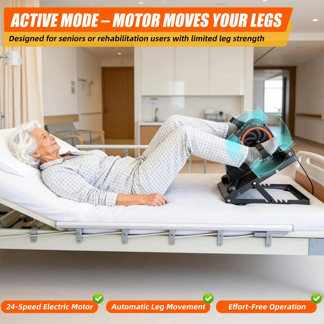 Senior lying in bed using a motorized leg pedal exerciser, with arrows illustrating automatic pedaling and 24 adjustable motor speeds.
