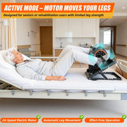 Senior lying in bed using a motorized leg pedal exerciser, with arrows illustrating automatic pedaling and 24 adjustable motor speeds.