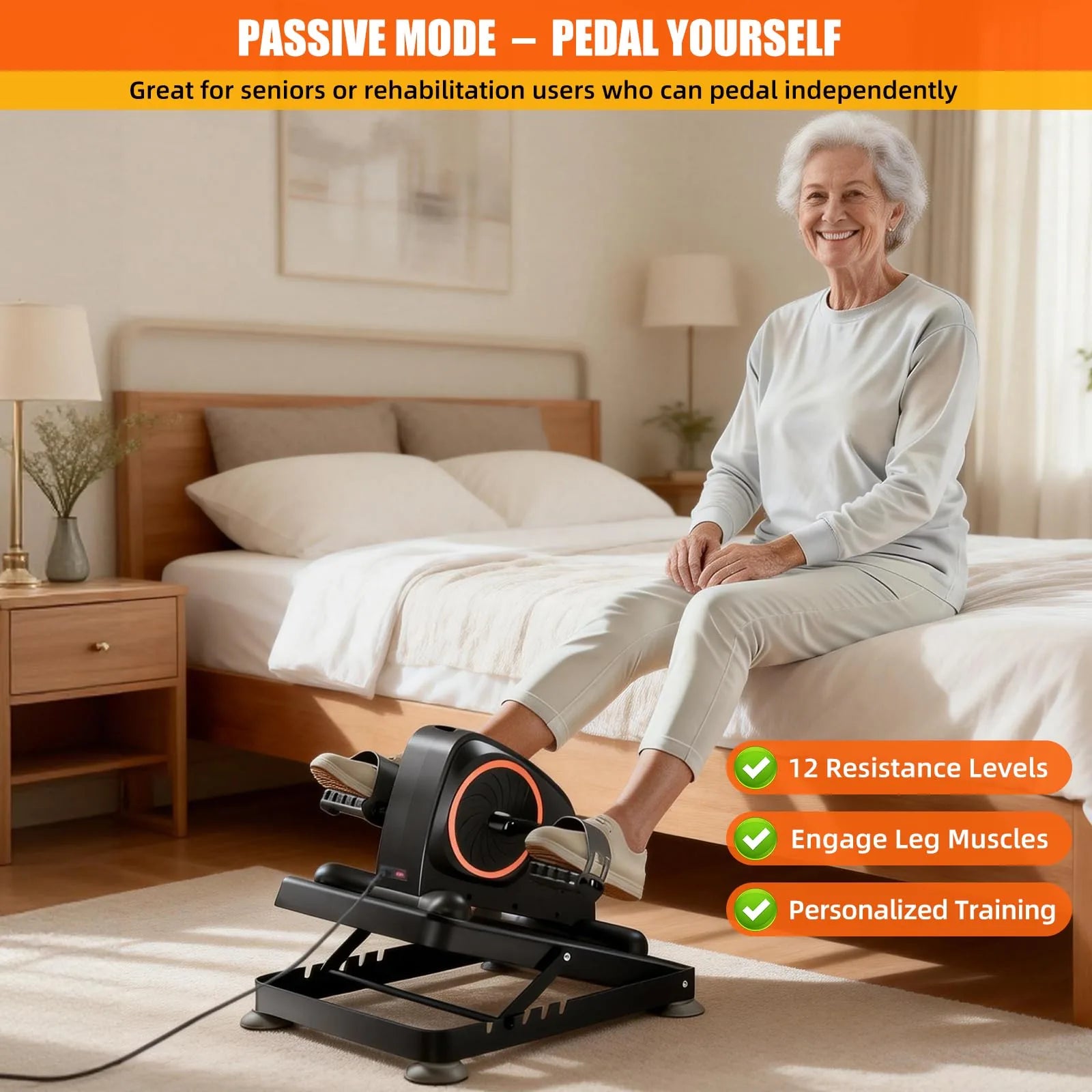 Senior seated on a bed using a pedal exerciser for self-pedaling, with 12 adjustable resistance levels.