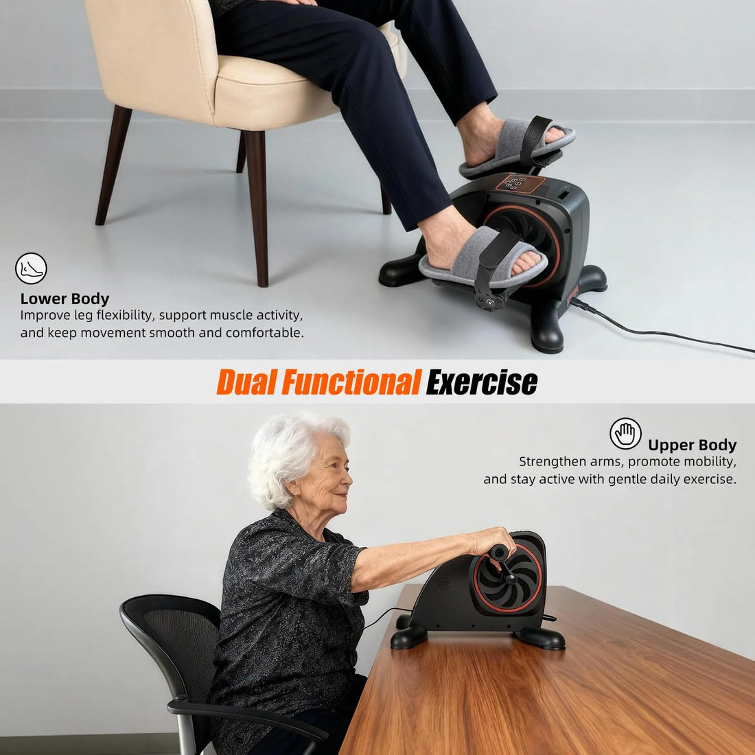 Dual-function pedal exerciser shown with a seated user pedaling for leg exercise and a senior using hand grips for arm exercise at a table.