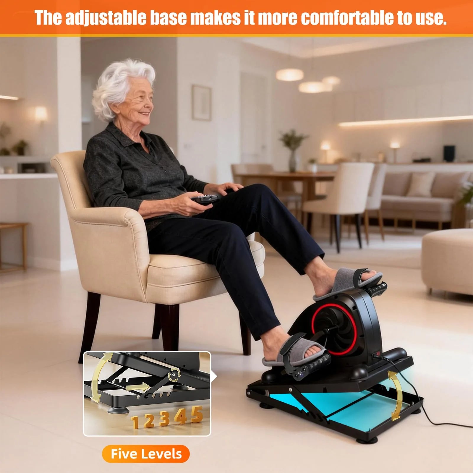Senior using a motorized pedal exerciser from a chair, with an inset showing the adjustable base and five positioning levels.