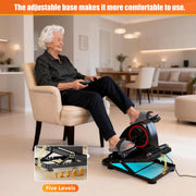 Senior using a motorized pedal exerciser from a chair, with an inset showing the adjustable base and five positioning levels.