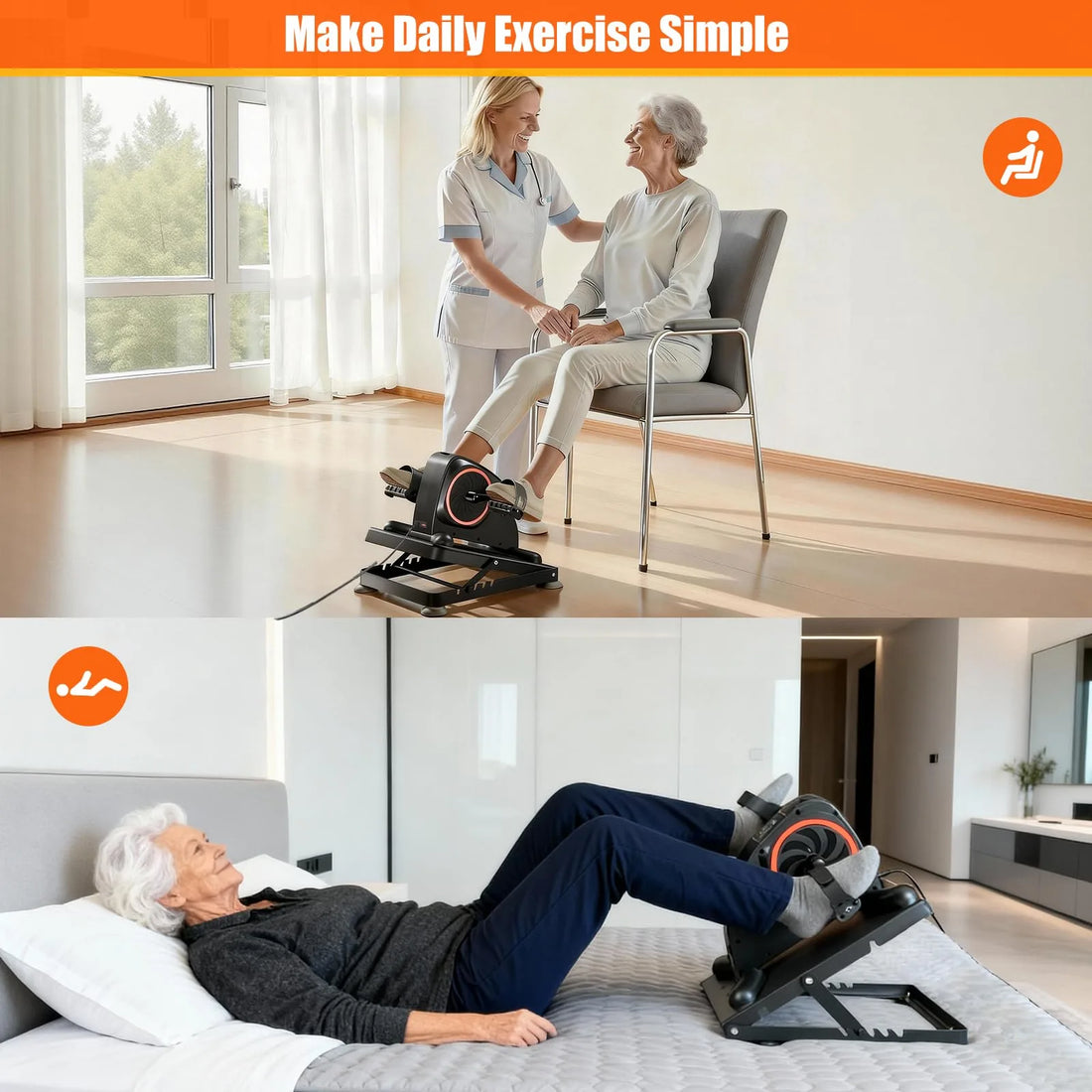Motorized pedal exerciser shown in two home-use positions: a senior exercising while seated with caregiver assistance and another using the device while lying in bed.