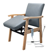 Gray leather power lift chair for seniors with solid wood arms, powered lift seat, and handheld remote