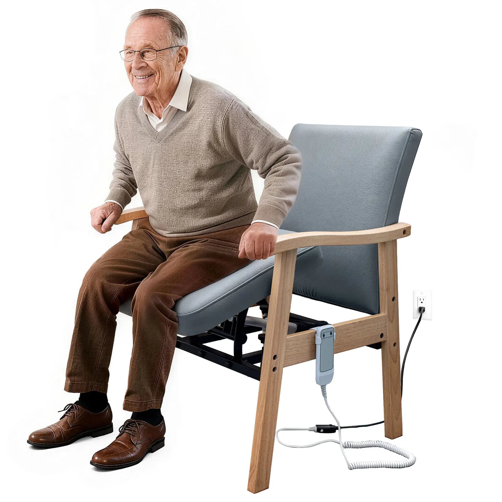 Senior using gray leather power lift chair with wooden arms for assisted standing