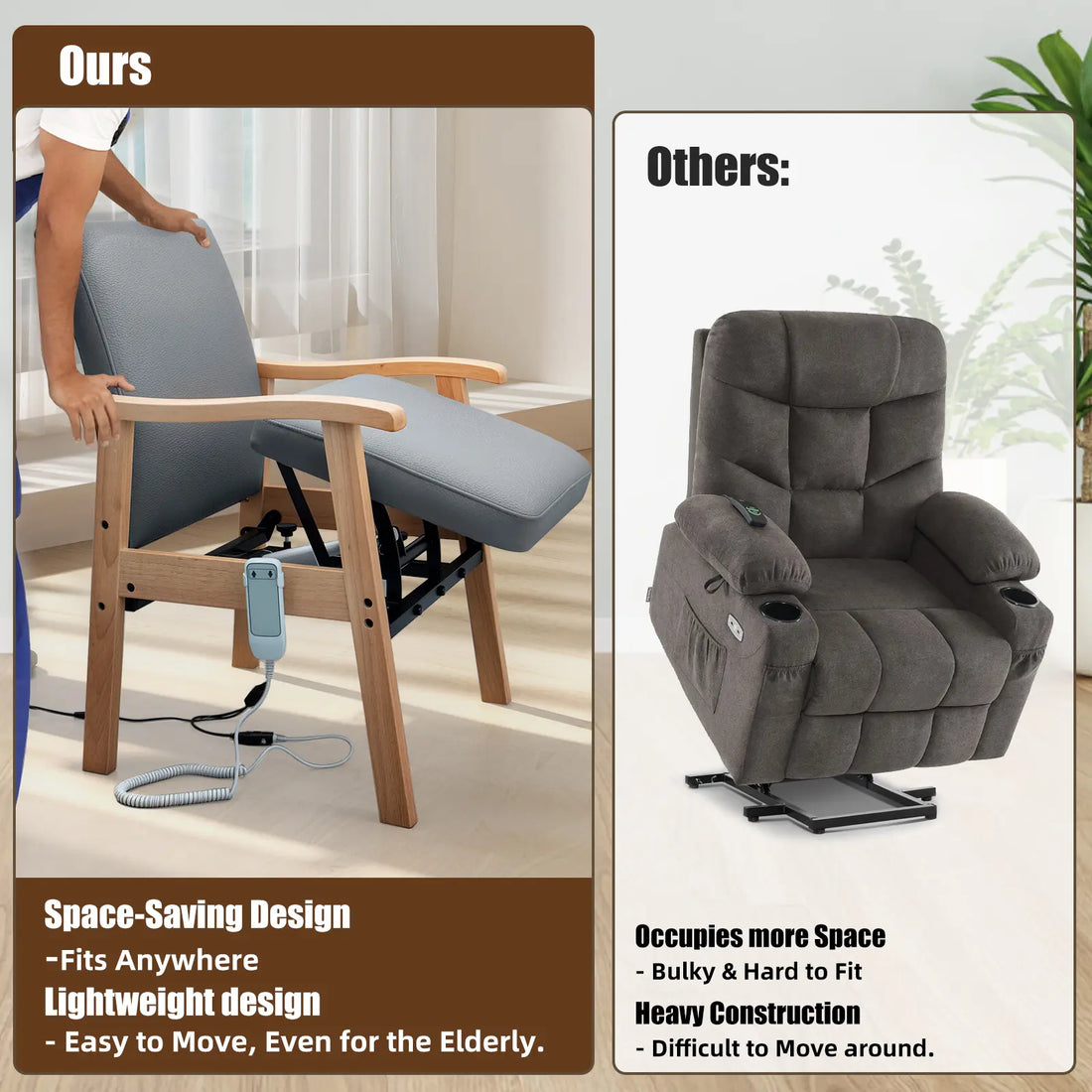 Space-saving power lift chair compared with a bulky traditional lift recliner