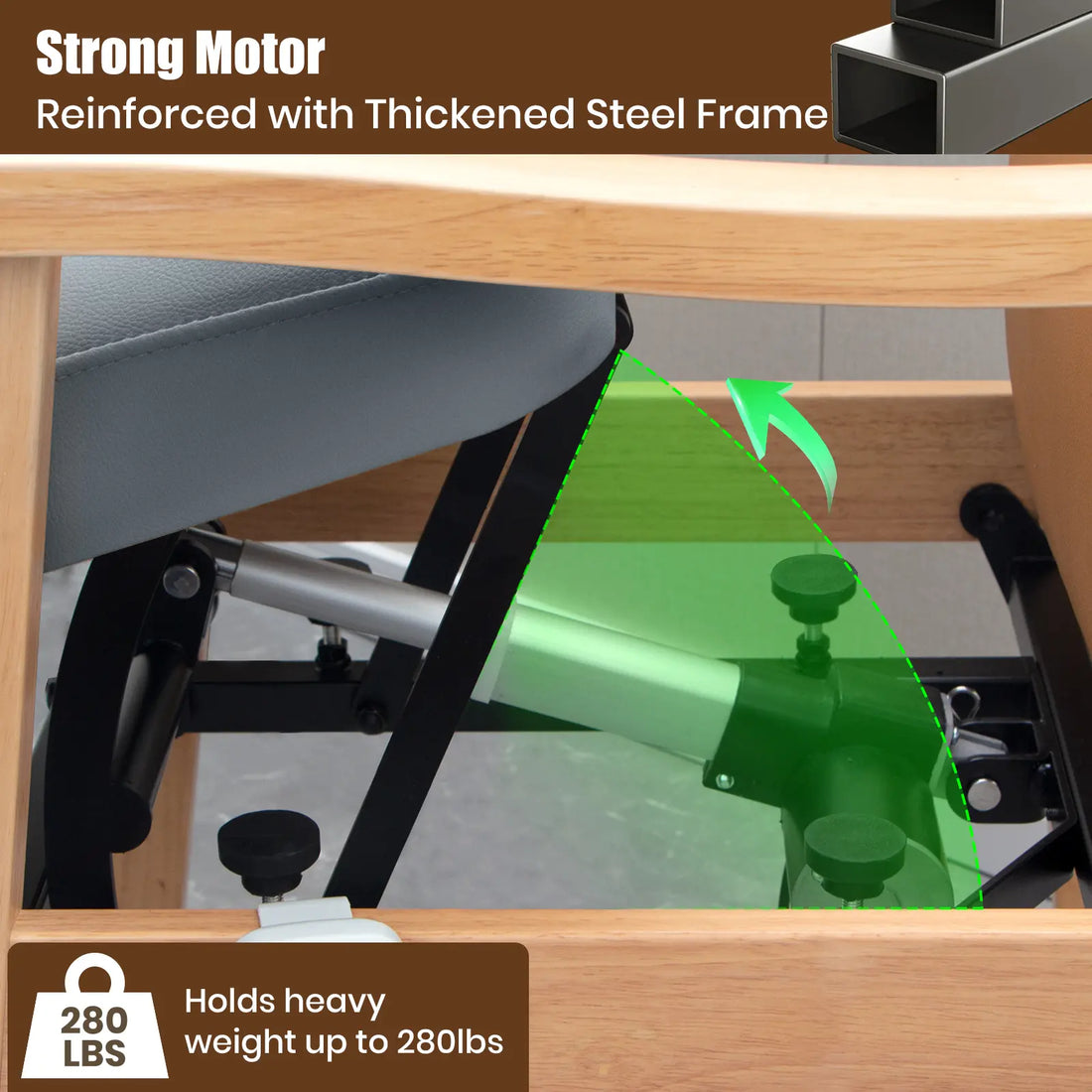 Heavy-duty power lift chair showing reinforced steel lift mechanism and 280 lb weight capacity