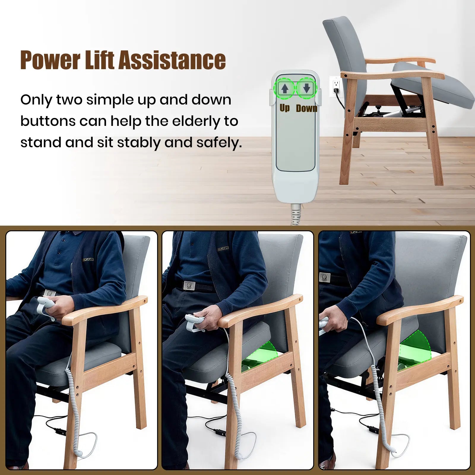 Power lift chair for seniors showing two-button remote control and powered seat lift assistance