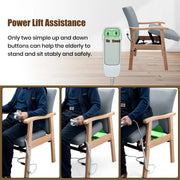 Power lift chair for seniors showing two-button remote control and powered seat lift assistance