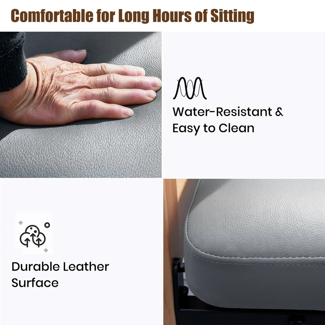 Gray leather power lift chair seat showing water-resistant, easy-to-clean, and durable upholstery
