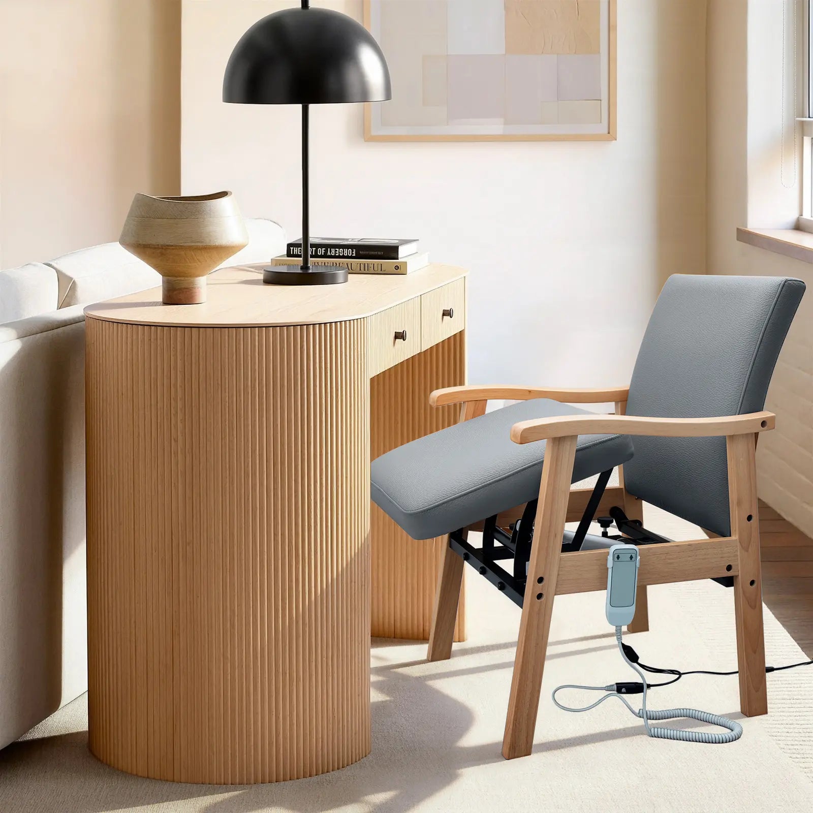 Gray leather power lift chair with solid wood frame placed beside a home desk