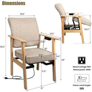 Dimension diagram of the standard wooden power lift chair showing an 18.5-inch seat width, 19.5-inch backrest width, 36.2-inch overall height, and the raised seat position.