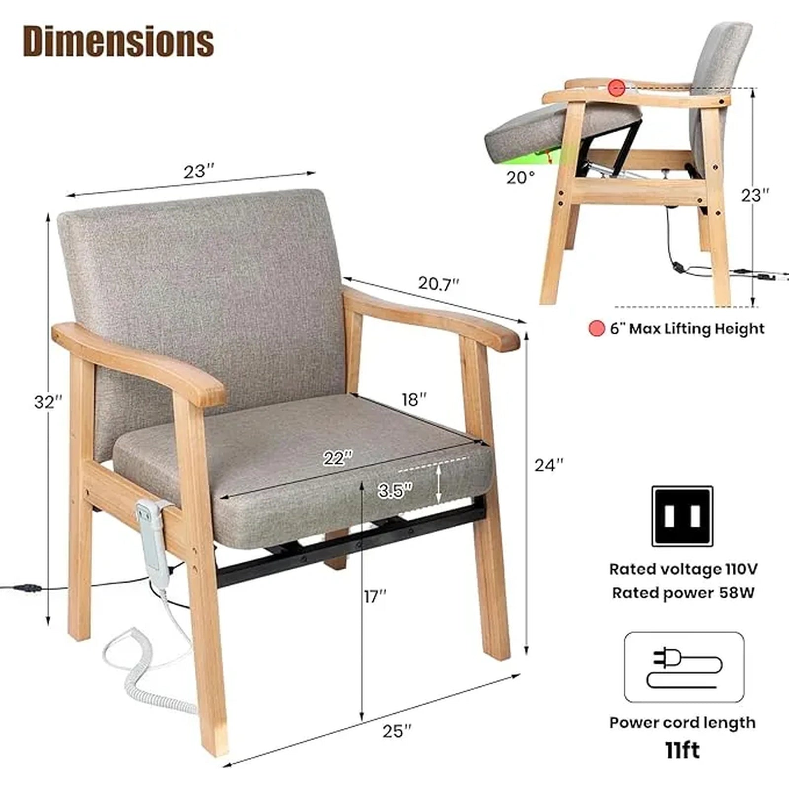 Dimension diagram of the extra-wide wooden power lift chair showing a 22-inch seat width, 23-inch backrest width, 32-inch overall height, and a 6-inch maximum lift with 20-degree tilt.