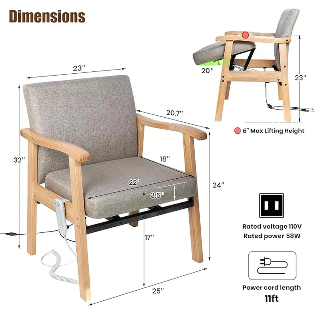 Dimension diagram of the extra-wide wooden power lift chair showing a 22-inch seat width, 23-inch backrest width, 32-inch overall height, and a 6-inch maximum lift with 20-degree tilt.