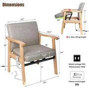 Dimension diagram of the extra-wide wooden power lift chair showing a 22-inch seat width, 23-inch backrest width, 32-inch overall height, and a 6-inch maximum lift with 20-degree tilt.