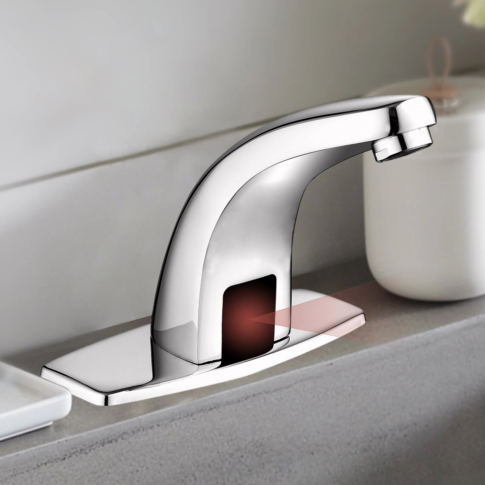 Chrome touchless sink faucet showing infrared motion sensor for hands-free activation