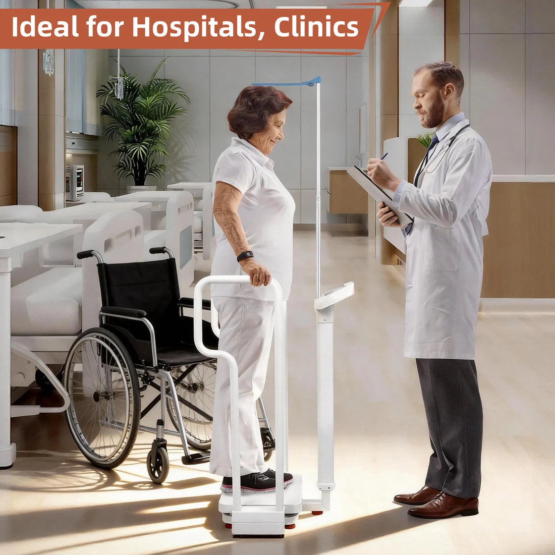 USB rechargeable scale for clinics and eldercare with dual handrails supporting an older adult during measurement