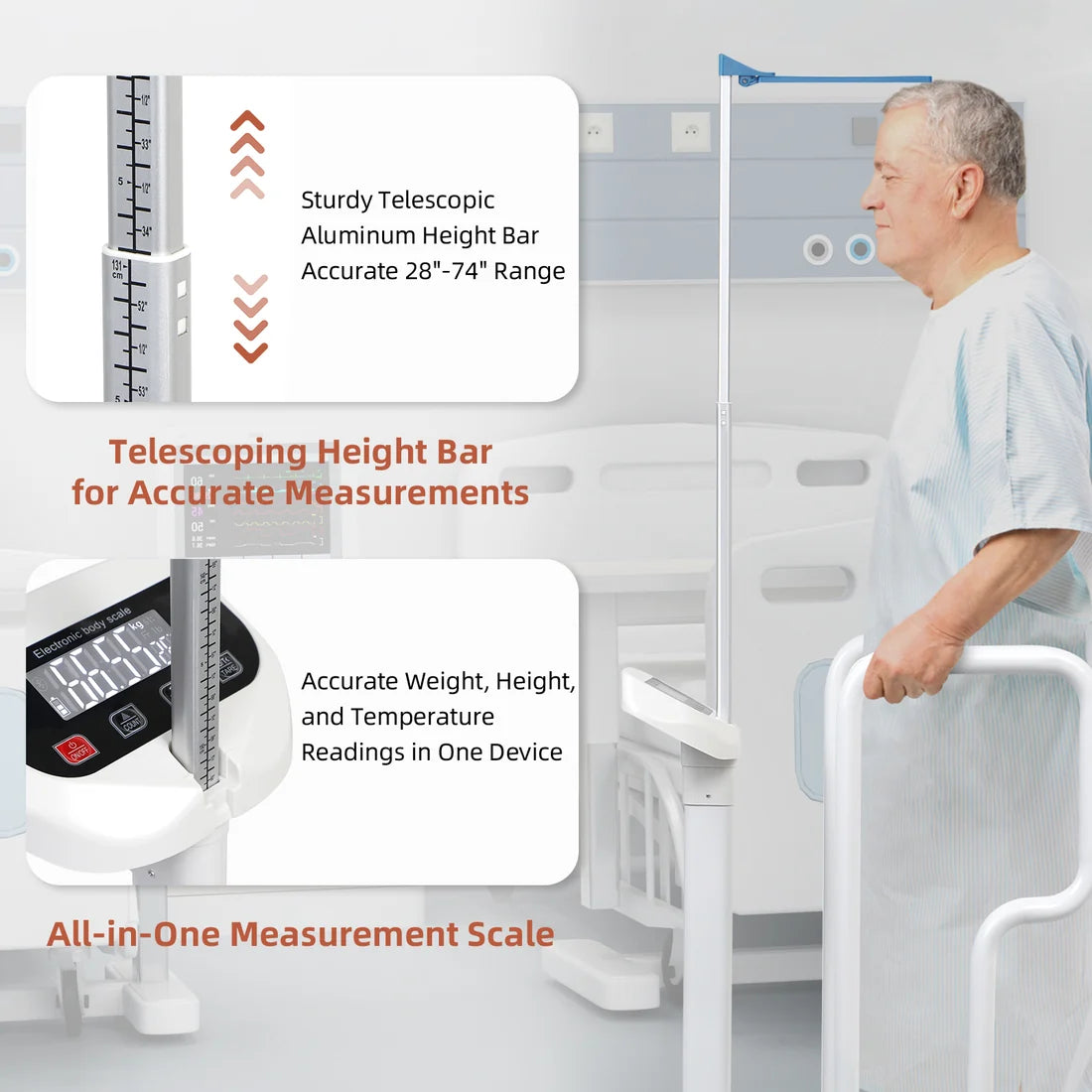 USB rechargeable medical scale with telescopic height rod for weight, height, and temperature measurement