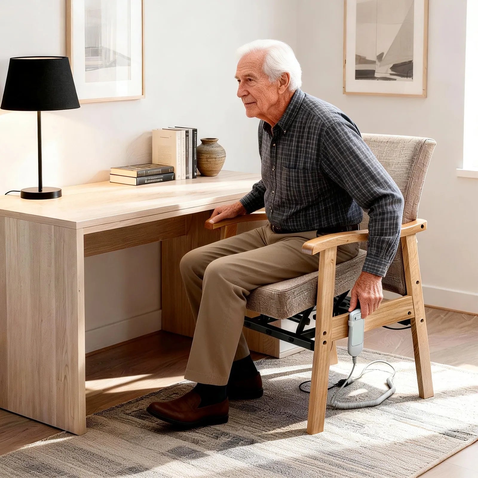 Older man seated beside a desk in a wooden power lift assist chair, holding the wired controller and using the armrests for support.